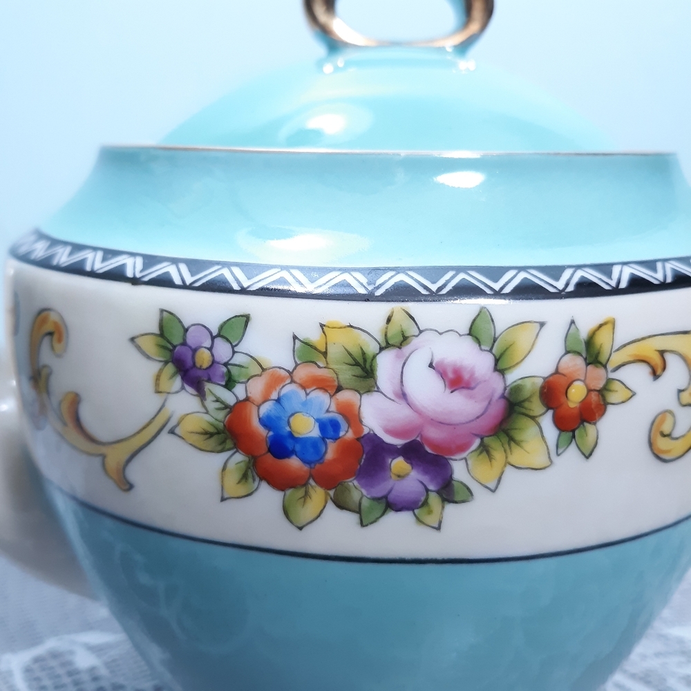 Antique Ca 1920 Noritake Teapot Turquoise Blue Floral Roses White Gold Vintage - Picture 5 of 13